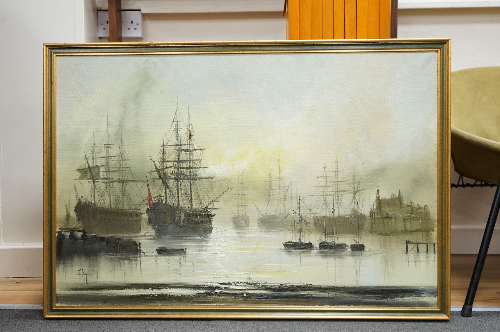 John Bampfield (b.1947), oil on canvas, Shipping scene, signed, 60 x 90cm